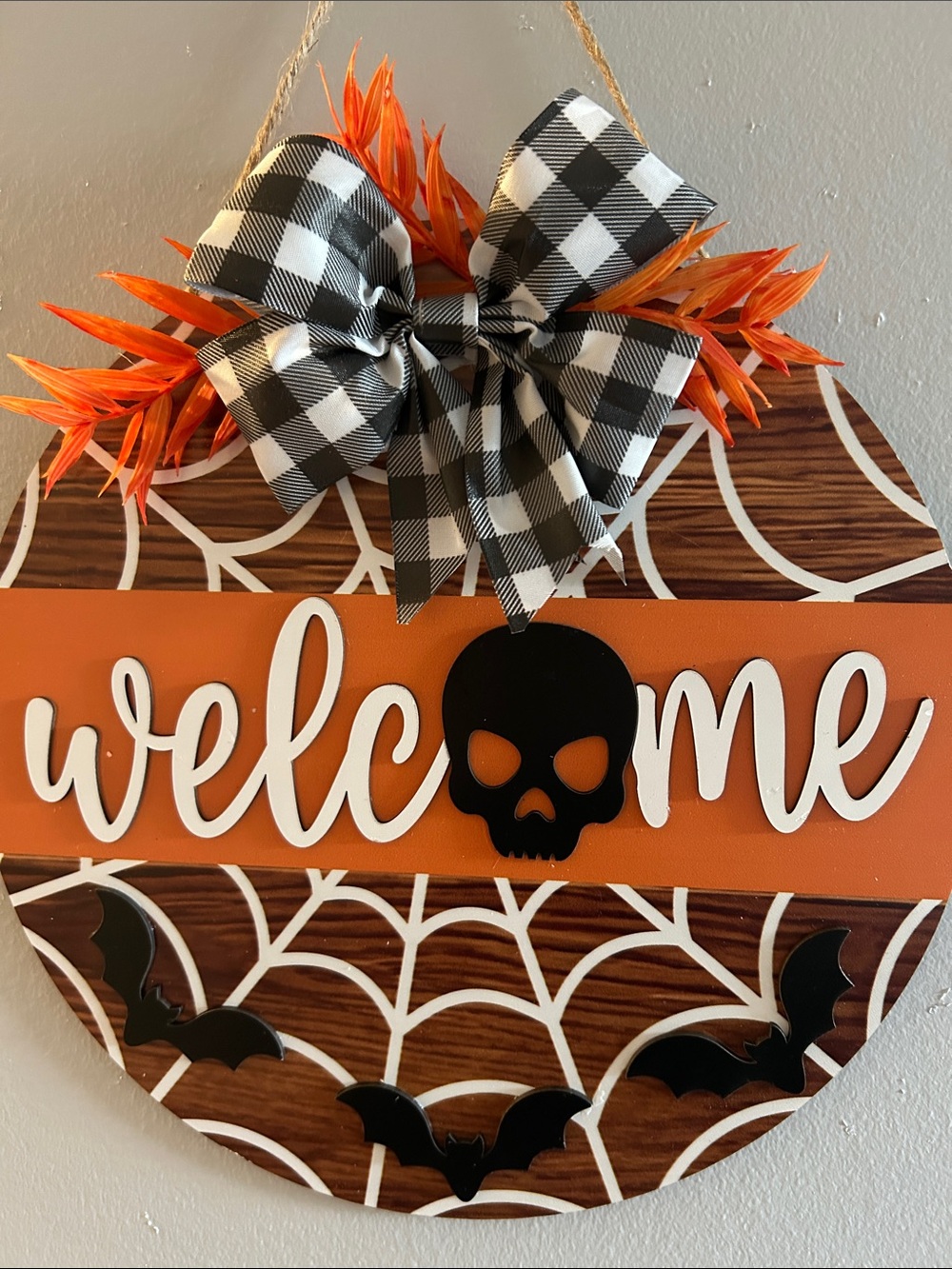 Halloween Orange 'Welcome' Round Wooden Wall Sign with Black Skull Accent